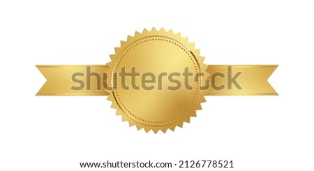 Gold 3d stamp with ribbon isolated on white background. Luxury golden seal. Vector design element.