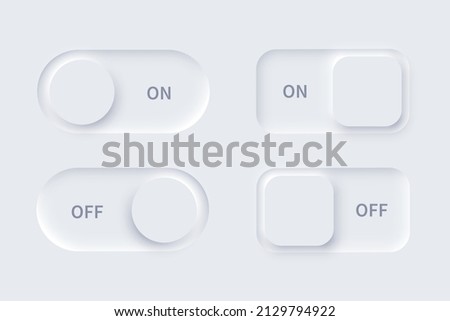 Neumorphism UI, on and off buttons set vector illustration. Neumorphic soft white 3d slider bars, active unlock and lock power badges, user interface switch panels with shadow and circle shape