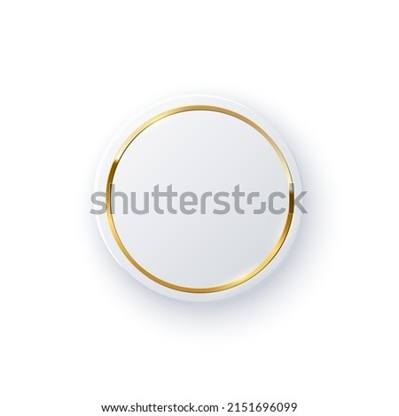 Round button with gold circle frame and shiny light effect vector illustration. 3d realistic simple badge with shadow, plastic object with golden circular line inside isolated on white background