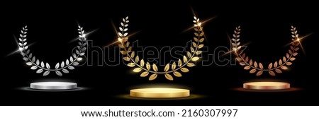 Golden, silver and bronze award signs with podiums laurel wreath isolated on black background. Vector award design templates.