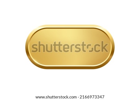 Gold ellipse button with frame vector illustration. 3d golden glossy elegant oval design for empty emblem, medal or badge, shiny and gradient light effect on plate isolated on white background.