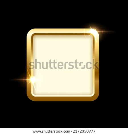 3d plate button of square shape with golden frame vector illustration. Realistic isolated website element, golden glossy label for game UI, badge of navigation menu with shiny light effect on border