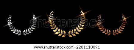 Golden, silver and bronze award signs with laurel wreath isolated on black background. Vector award design templates.
