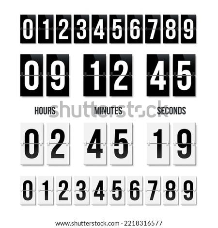 Countdown clock display with black and white nubers set. Vector date counter flip board isolated on white bacground.