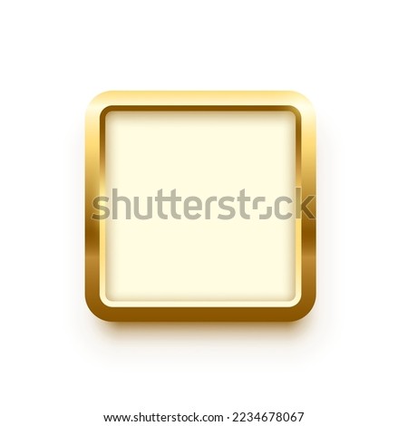 White button in square gold frame vector illustration. 3d realistic shiny metal golden object on push click button for website, abstract badge element design or medal isolated on white background.