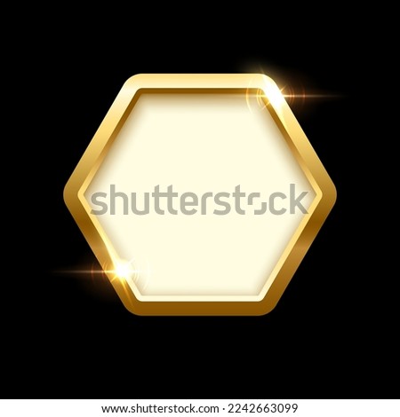 3d plate button of hexagon shape with golden frame vector illustration. Realistic isolated website element, golden glossy label for game UI, badge of navigation menu with shiny light effect on border.