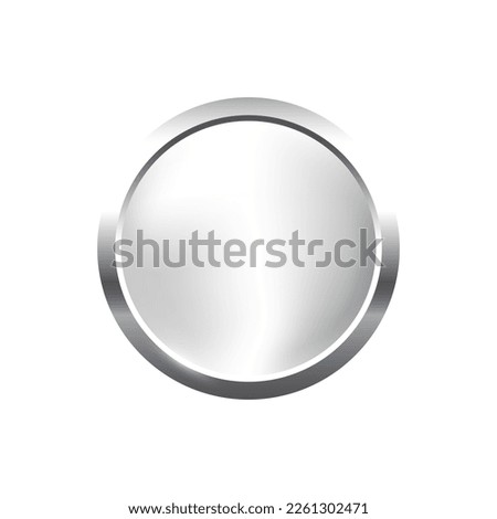 Silver round button with frame vector illustration. 3d steel glossy elegant circle design for empty emblem, medal or badge, shiny and gradient light effect on plate isolated on white background.