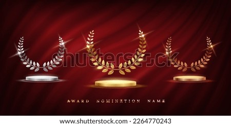 Golden, silver and bronze award signs with podiums and laurel wreath isolated on red waving curtain background. Vector award trophy design template.