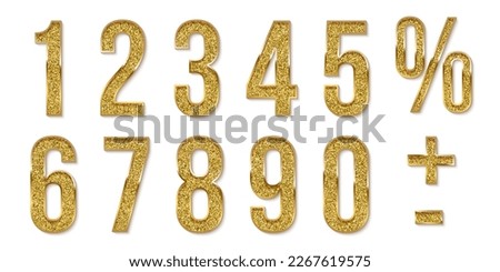 Golden numbers from zero to nine set on white background. Gold zero,one, two, three, four, five, six, seven, eight, nine, plus, minus and percent signs vector design for date or anniversary.