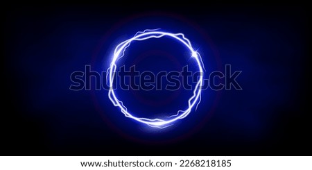 Magic blue ring of thunder storm blue lightnings. Magic and bright light effects electric circle. Round plasma frame with thunderbolt electricity lightning power effect on fog background.