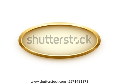 3d plate button of ellipse shape with golden frame vector illustration. Realistic isolated website element, golden glossy label for game UI, oval badge of navigation menu with light effect on border.