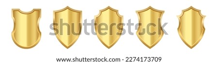 Gold shield set vector illustration. Realistic isolated golden armory trophy with metal coat, 3d luxury safety protection emblem of different shapes, vintage blank shiny royal award collection