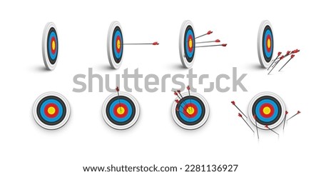 3d archery target with arrows set, front and isometric view vector illustration. Realistic isolated dartboard collection with arrows in bullseye center, archers darts hit or miss circle boards.