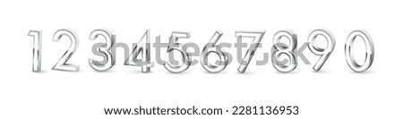 Silver numbers from zero to nine set on white background. Steel one, two, three, four, five, six, seven, eight, nine vector illustration. Chrome numerical signs design for date or anniversary.