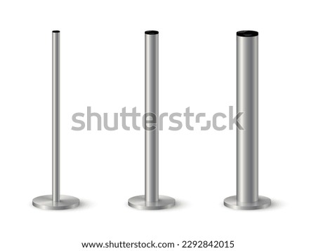 3d metal pole signpost on base vector illustrations set. Realistic grey steel, iron or chrome pillars with polished surface, vertical different diameter cylinder pipe holders for board or flag.