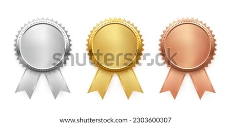 Gold, silver and bronze medals with ribbon set vector illustration. Realistic isolated trophy and medal collection with metal reward badges for winners, quality certificate and prize warranty.