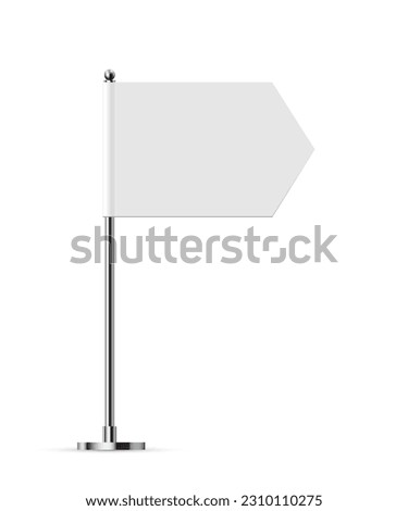 Desk or table flag on chrome pole mock up. White paper or fabric flag on metal stand. Promotional and advertising vector template isolated on white background.