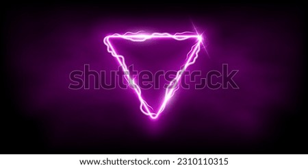 Magic purple triangle of thunder storm blue lightnings. Magic and bright light effects electric border. Pink plasma frame with thunderbolt electricity lightning power effect on dark fog background.
