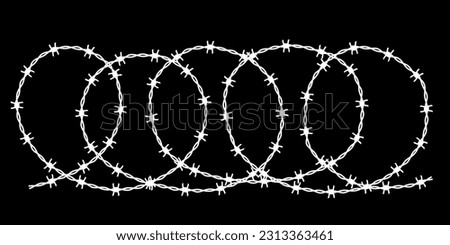 Wire with barbs of spiral shape vector illustration. Circles and rings of prison fence frame and barbed military barrier, silhouette of iron twisted barbwire for property and border protection. Foto stock © 