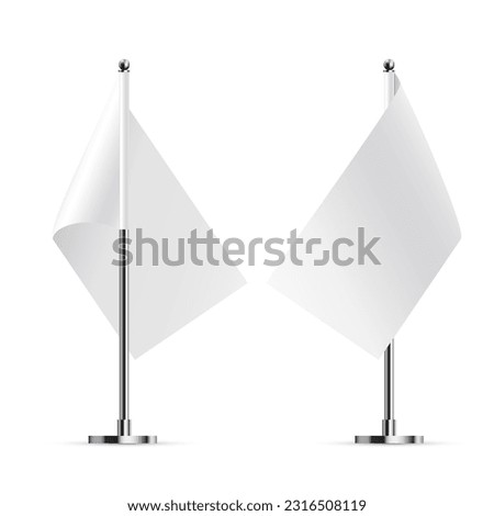 Desk or table flags on chrome poles mock up. White paper or fabric flags on metal stands. Promotional and advertising vector template isolated on white background.