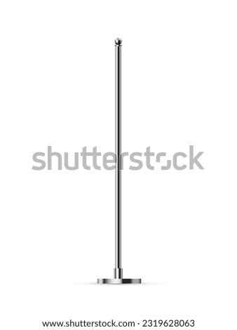 Metal table pole for flag vector illustration. 3D realistic small iron, stainless steel or chrome pipe stand on round base, empty cylinder pillar of signpost, pole holder for presentation board