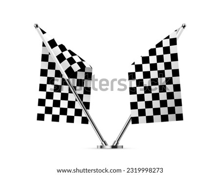 Black and white crossed race flags vector illustration. 3D realistic checkered flags on metal poles for start and finish of sport rally, moto racing flagpoles, two fabric pennants on pillars