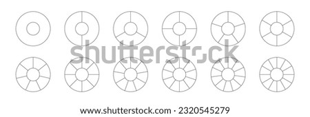 Toruses with sections set vector illustration. Abstract black line pie charts with divisions, graphic diagram collection with round geometric elements divide into parts and slices from 1 to 12.