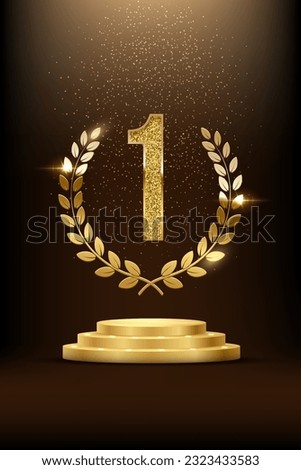 Winners podium with golden number one and laurel wreath with glitter light effect vector illustration. 3D realistic gold confetti and illumination fall on pedestal to celebrate first place of champion