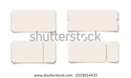 3D blank tickets set vector illustration. Realistic cardboard coupons collection with borders of different shapes on empty tickets template, voucher for theatre or cinema seats, boarding airplane