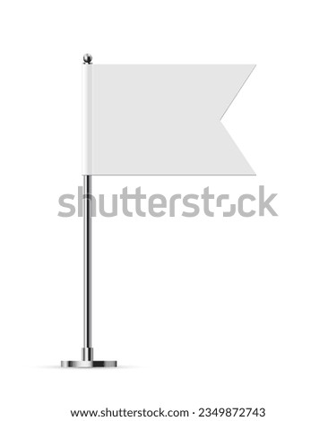 Desk or table flag on chrome pole mock up. White paper or fabric flag on metal stand. Promotional and advertising vector template isolated on white background.