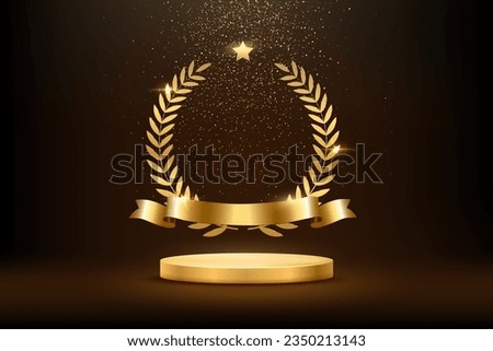 Gold award round podium with laurel wreath, ribbon, star, shiny glitter and sparkles isolated on dark background. Vector golden symbol of victory, achievement, success, rewarding of winner.