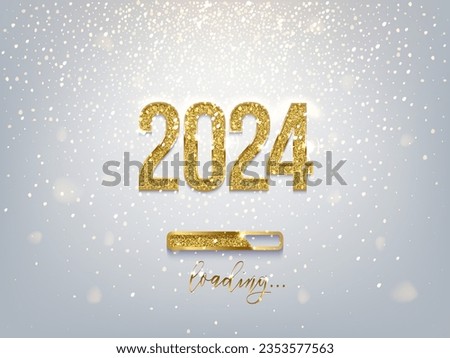 New Year golden loading bar vector illustration. 2024 Year progress with lettering. Party countdown, download screen. Invitation card, banner. Event, holiday expectation. Sparkling glitter background.