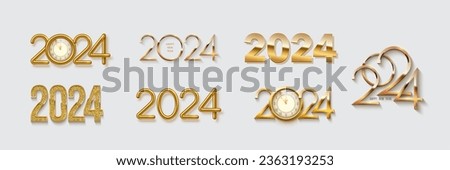 Set of 2024 New Year gold numbers for greeting cards, banners or posters vector illustration. Different 2024 golden numbers templates with glow light effect, clocks and shining ring isolated on white.