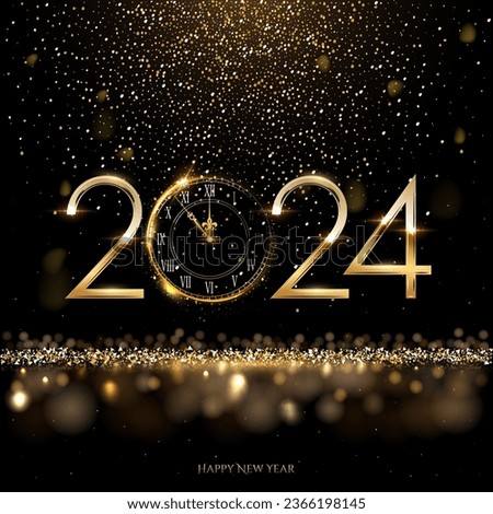 2024 Happy New Year clock countdown background. Gold glitter shining in light with sparkles abstract celebration. Greeting festive card vector illustration. Square holiday poster or wallpaper design.