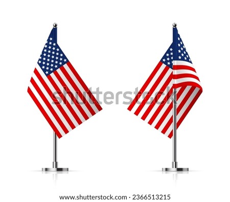 Flags of United States of America on pole vector illustration. 3D realistic flagpoles on steel vertical stands, isolated desktop flagstaff, red and blue USA stars and stripes flags on metal sticks.