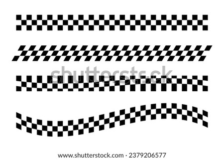 Black and white checker pattern vector illustration set. Abstract checkered chessboard or checkerboard for game, grid with geometric square shape, race or rally flag and mosaic floor tile.