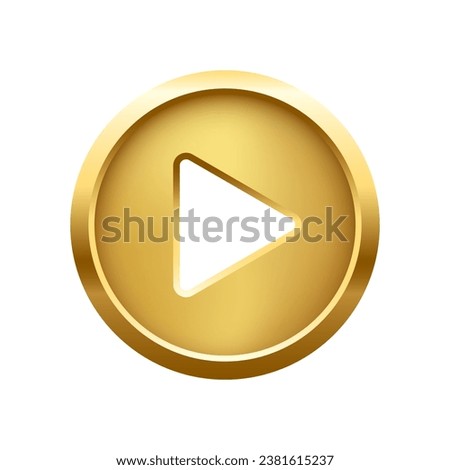 Gold play button 3d vector illustration. Abstract golden circle ring on white background with triangle. Play icon, Press to start. Multimedia, audio, video, cinema, music.
