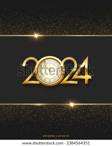 2024 Happy New Year clock countdown background. Gold glitter shining in light with sparkles abstract celebration. Greeting festive card vertical vector illustration. Holiday poster, wallpaper design.