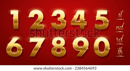 Birthday golden numbers and ending of the words isolated on red background.. Set of gold yellow isolated numbers. Bright metallic 3D, realistic vector design elements.