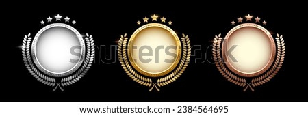 Set of shiny circle medals, laurel wreath with stars vector illustration. Chrome shining round badge prize for winner, award trophy nominee luxury symbol, nomination reward emblem on black background.