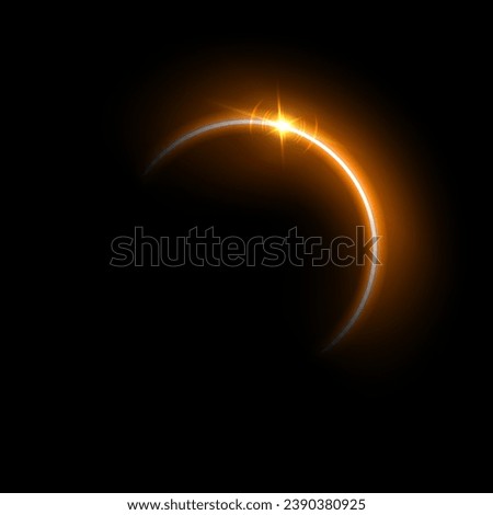 Yellow solar eclipse flare vector Illustration. Gold glowing sunlight circle with shining star. Energy semicircle bright curve with glare on edge, shiny design element on black background.