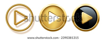 Collection of gold, black and white play buttons vector illustration. Abstract golden shiny circle rings on white background with triangle. Play icons, Press to start. Multimedia, audio, video, music.