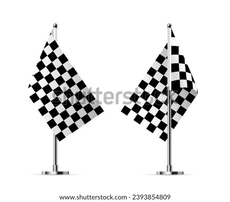Black and white crossed race flags vector illustration. 3D realistic checkered flags on metal poles for start and finish of sport rally, moto racing flagpoles, two fabric pennants on pillars.