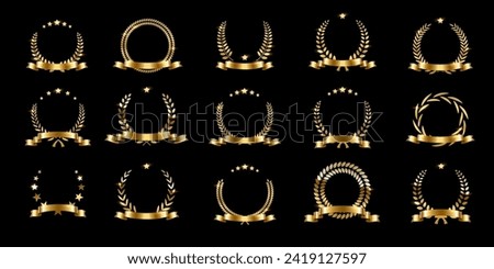 Gold laurel wreath winner award set vector illustration. Golden branch of olive leaves or stars of victory symbol, emblem decoration design, triumph honor champion prize isolated on black background.