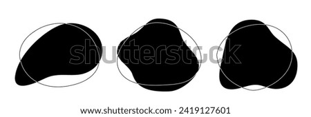 Black liquid irregular amoeba blob shapes vector collection isolated on white background. Fluid bobble blotch forms set, deform drops.