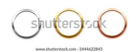 Gold, silver and bronze metal circle frames 3d vector realistic illustration. First, second and third place medals or buttons isolated on white background. Certified. Quality blank, empty badge set.