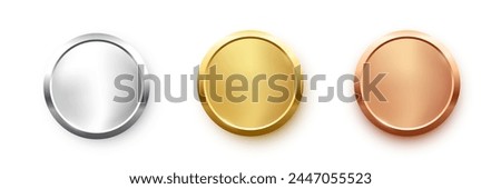 Award golden, silver and bronze blank medals 3d vector realistic illustration. First, second and third place medals or buttons isolated on white background. Quality blank, empty badge, emblem set.