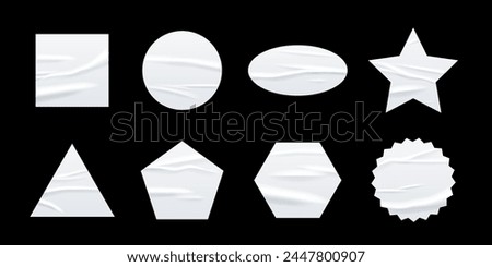 Crumpled white paper sticker vector illustration set. Wrinkled glued labels different shapes and forms. Realistic isolated round, circle, square, triangle, hexagon, star, pentagon, ellipse mockup.