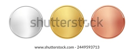 Award golden, silver and bronze blank medals 3d vector realistic illustration. First, second and third place medals or buttons isolated on white background. Quality blank, empty badge, emblem set.