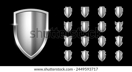 Silver shields with frame set for emblem, logo, badge, label. Vector luxury design elements. Royal medieval military armor collection isolated on black background. War trophy, heraldic symbol.